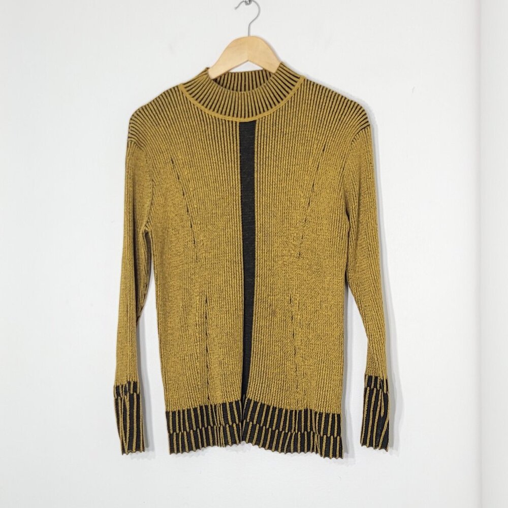Vintage Dark Yellow Black Cotton Blend Mock Neck Pullover Sweater Fitted Size XL
